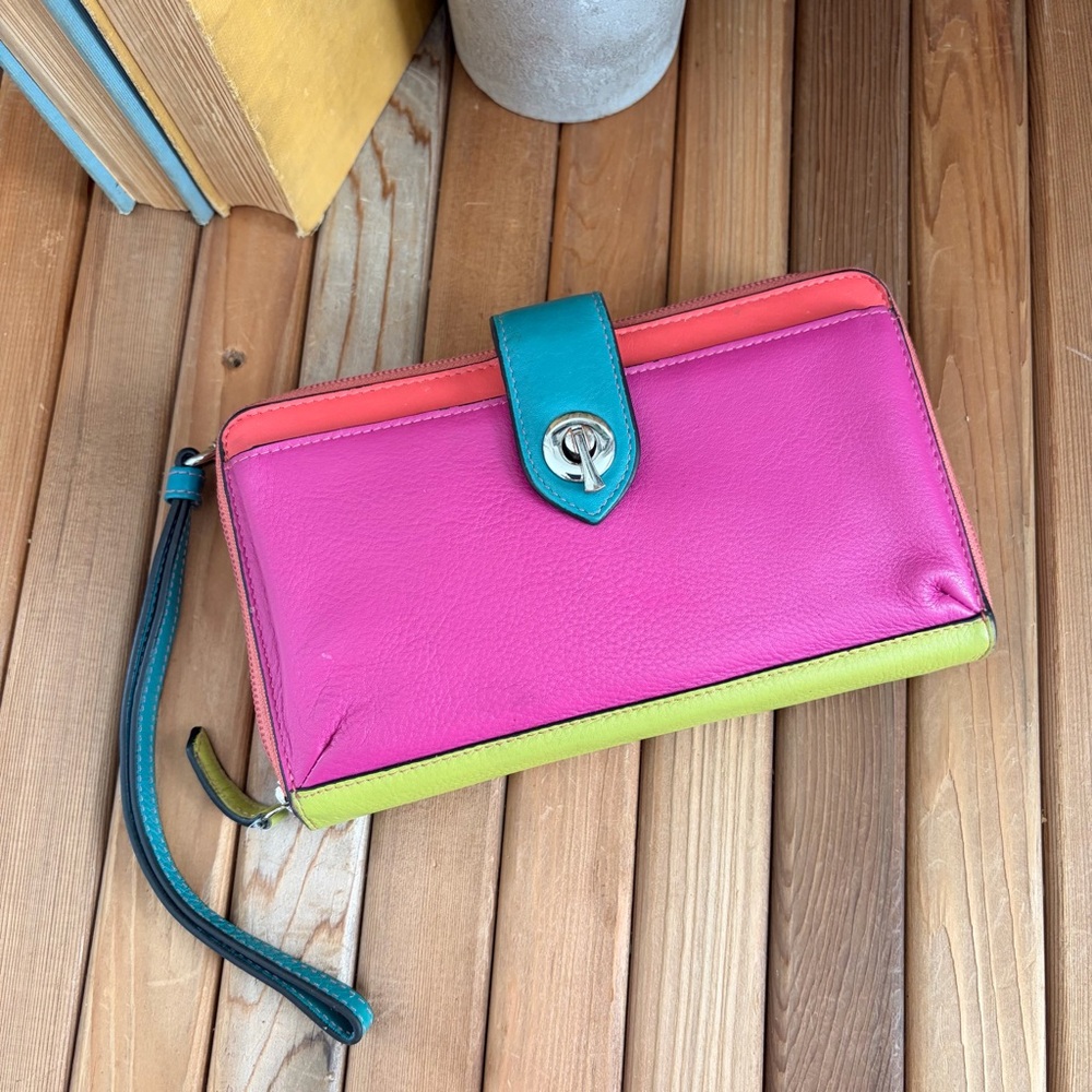 Ili New York Colorblock Leather RFID Zip Around Wallet Clutch, Neon Wristlet - Picture 1 of 9